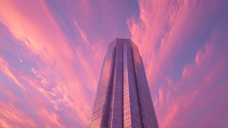 A stunning view of a tall skyscraper against a vibrant sunset sky filled with pink and purple clouds, showcasing modern architecture and urban beauty.の素材
