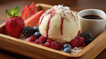 Enjoy a delightful dessert featuring smooth ice cream topped with fresh berries, strawberries, mint leaves, and rich chocolate sauce served elegantly.の素材