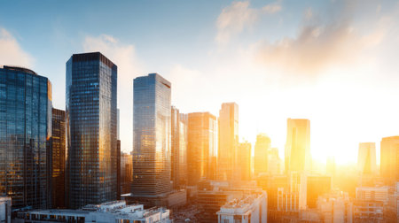 This breathtaking image showcases a vibrant city skyline adorned with modern skyscrapers, beautifully illuminated by a golden sunset. The scene captures the essence of urban life, blending nature and architecture harmoniously.の素材