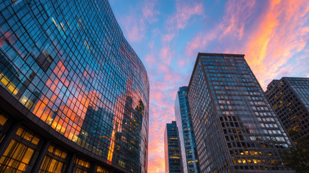 A breathtaking view of a modern urban skyline featuring glass buildings that beautifully reflect the vibrant colors of a sunset against a dynamic sky.の素材