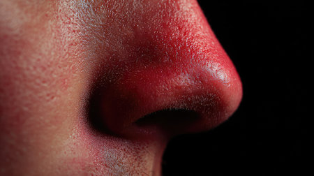 A striking close-up image of a human nose, showcasing red skin texture and dramatic lighting against a dark backdrop. Ideal for health and beauty themes.の素材