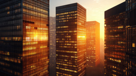 A captivating city skyline at sunset, showcasing modern glass buildings reflecting warm hues of orange and yellow light against a vibrant horizon.の素材