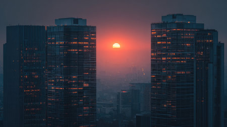A stunning urban skyline captured at dusk, featuring glowing windows in modern buildings with a beautiful sunset in the background, creating a serene ambiance.の素材