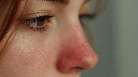 This close-up portrait captures the natural beauty of a young woman showcasing freckles and a soft expression, highlighting emotions and personal authenticity.の素材