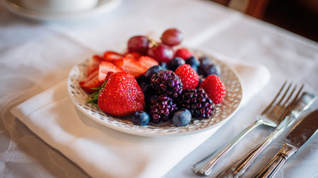 A beautifully arranged plate showcases an assortment of fresh berries including strawberries, blueberries, and blackberries, perfect for a healthy snack or dessert.の素材
