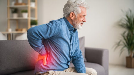An elderly man is seen sitting on a couch while experiencing discomfort from back pain. He is holding his lower back, reflecting the common challenges of aging.の素材
