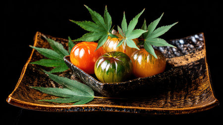 A striking arrangement of freshly harvested colorful tomatoes rests on a decorative plate. Green leaves adorn the composition, showcasing nature's bounty.の素材