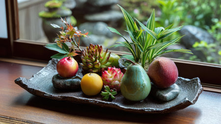 This captivating still life features a harmonious arrangement of fresh fruits and green plants on a decorative plate, showcasing beauty and tranquility.の素材