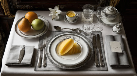 A beautifully arranged dining table showcasing fresh fruits, a dessert, and elegant tableware, creating a luxurious ambiance for any occasion.の素材