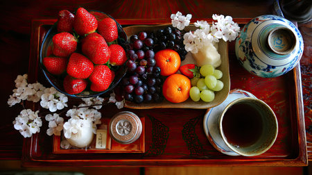 This captivating image showcases a vibrant arrangement of fresh fruits, tea, and decorative flowers, bringing a sense of elegance and wellness to any setting.の素材