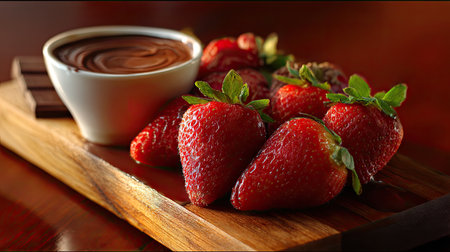 A beautiful arrangement featuring ripe strawberries and rich dark chocolate in a bowl, perfect for desserts or snacks, showcasing culinary elegance and natural flavors.の素材