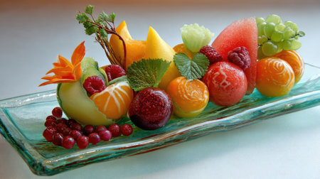 A vibrant and artistic fruit arrangement featuring various fresh fruits elegantly displayed on a glass plate, perfect for enhancing any event or celebration.の素材