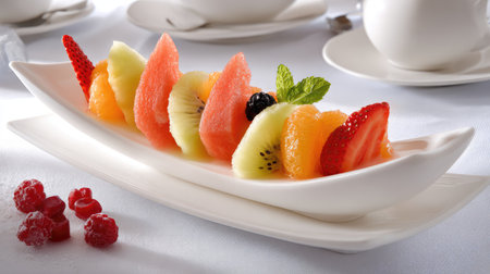 This eye-catching fruit platter showcases a selection of fresh watermelon, kiwi, and strawberries arranged elegantly on a stylish serving dish, perfect for events.の素材