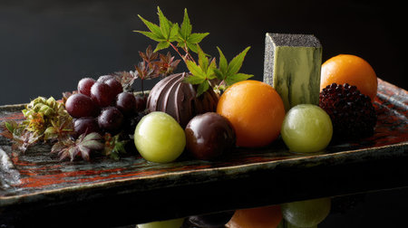A beautifully arranged dessert platter showcasing an assortment of fresh fruits, chocolate treats, and lush greenery for an exquisite presentation.の素材