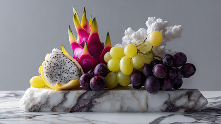 A visually stunning arrangement of colorful exotic fruits, including dragon fruit and grapes, beautifully displayed on a marble surface, perfect for highlighting healthy living or culinary creativity.の素材