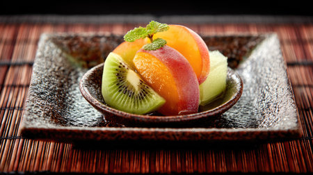 A vibrant arrangement of fresh fruit including juicy peach slices, green kiwi, and sweet melon, beautifully presented on a textured plate, perfect for any occasion.の素材