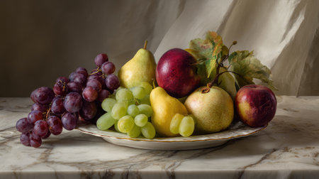 A stunning still life featuring a vibrant assortment of fresh fruits including grapes, pears and apples, arranged elegantly on a decorative plate against a soft backdrop.の素材