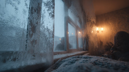 A serene winter scene showing frosted windows with snow outside, soft bedding and warm light inside, creating a perfect cozy atmosphere for relaxation.の素材