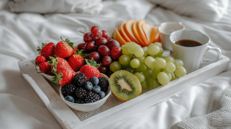 Indulge in a vibrant and healthy breakfast tray featuring a variety of fresh fruits such as strawberries, grapes, kiwi, and berries, complemented by a cup of coffee.の素材