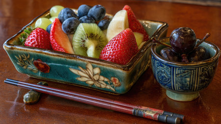 A vibrant arrangement of fresh fruit, including strawberries, blueberries, kiwi, and apples, in a decorative bowl. A pair of red chopsticks rests beside it on a wooden table, creating a colorful and appetizing display perfect for health-conscious eating or culinary inspiration.の素材