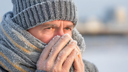 Close-up portrait of a man bundled up in a cozy scarf and hat, experiencing the chill of winter with frost on his breath and hands, capturing an emotional moment.の素材