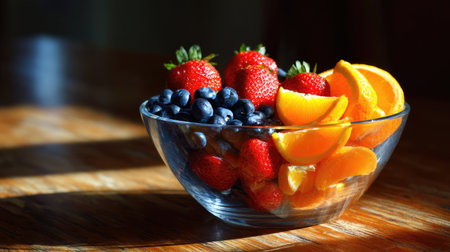 A beautifully arranged glass bowl filled with fresh strawberries, blueberries, and orange slices sits on a rustic wooden table, offering a vibrant and healthy snack.の素材