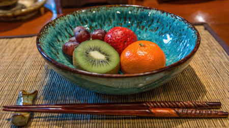A beautifully arranged bowl of fresh fruits including kiwi, grape, strawberry, and orange, complemented by elegant chopsticks, perfect for a healthy snack.の素材