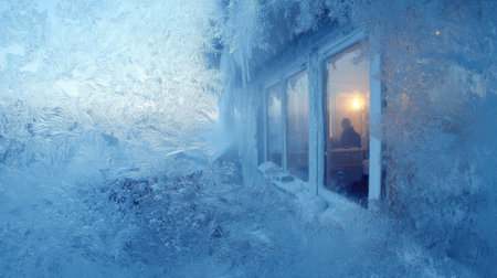This image captures a frosty window adorned with intricate ice patterns, contrasting the warm light of a cabin interior, evoking a sense of winter tranquility.の素材
