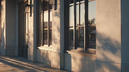 A serene view of a modern building exterior bathed in warm evening light, showcasing large windows, soft shadows, and an inviting atmosphere.の素材