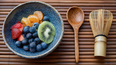 A beautifully arranged bowl of fresh fruit including blueberries, kiwi, mandarin, and strawberries placed on a wooden mat with a spoon and whisk, evoking a healthy lifestyle.の素材