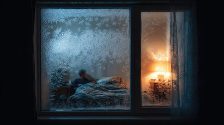 A serene bedroom scene captured through a frosted window at night, highlighting a peaceful person nestled in bed, surrounded by warm light.の素材