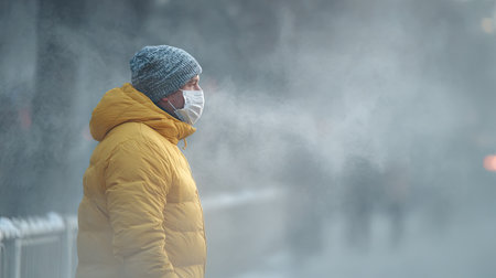 A man stands in an urban setting wearing a bright yellow jacket and protective mask, visible vapor escaping as he breathes in the cold winter air.の素材