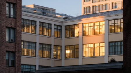 A captivating view of a modern office building with warm golden light reflecting off its large glass windows during sunset, showcasing urban architecture.の素材