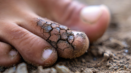 Close-up view of a human toe with dry, cracked skin revealing natural textures against a backdrop of loose soil, highlighting the effects of environmental exposure.の素材