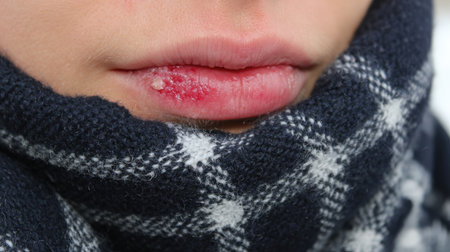A close-up image of chapped lips surrounded by a knitted scarf, illustrating the impact of cold weather on skin health and emphasizing care and remedies.の素材