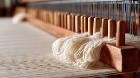 A close-up view of a loom showcasing threads and wooden pegs, ideal for depicting the artistry and craftsmanship in textile production and weaving.の素材