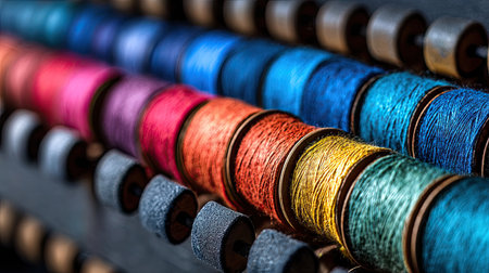 Explore a captivating display of colorful spools of thread arranged neatly, perfect for sewing and crafting enthusiasts. The vibrant hues inspire creativity and artistry.の素材