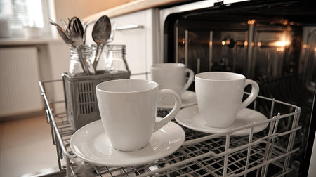A collection of clean white coffee cups and stainless steel spoons are neatly arranged in a modern dishwasher in a bright kitchen space.の素材