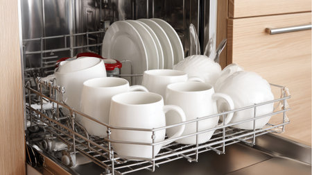 A view inside a modern dishwasher showcasing clean white dishes and cups on a stainless steel rack, emphasizing cleanliness and kitchen efficiency.の素材