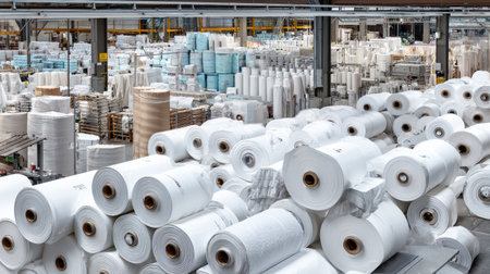 A spacious warehouse filled with neatly stacked rolls of white material showcases the organized space used for manufacturing and storage. The bright interior highlights efficiency and productivity in a commercial setting.の素材
