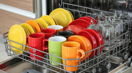 A vibrant assortment of kitchenware, including colorful plates, mugs, and glasses, arranged neatly in a dishwasher, perfect for efficient home cleaning.の素材