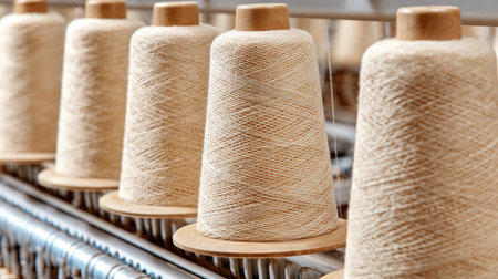Close-up view of spools of natural thread on an industrial spinning machine in a textile factory, showcasing the intricate details of production.の素材