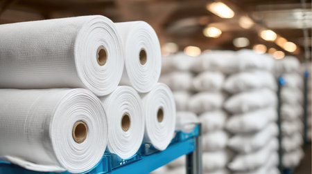 A close-up view of neatly arranged rolls of white fabric on blue shelves inside a warehouse. The organized setting highlights textile production and storage.の素材