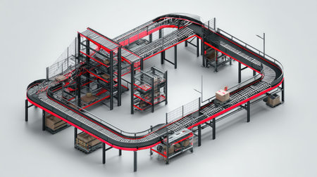 This image showcases a sophisticated conveyor system designed for warehouse logistics. It emphasizes automation and efficient storage solutions, highlighting essential features for modern industrial operations.の素材