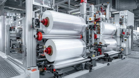 This image showcases advanced industrial machinery designed for the production of high-quality plastic film. The efficient setup highlights precision engineering and innovative design in a modern manufacturing facility.の素材