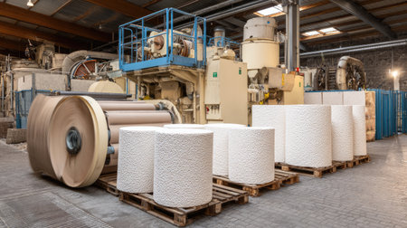 A detailed view of an industrial paper production setup featuring large rolls of paper and machinery in a well-organized manufacturing facility.の素材
