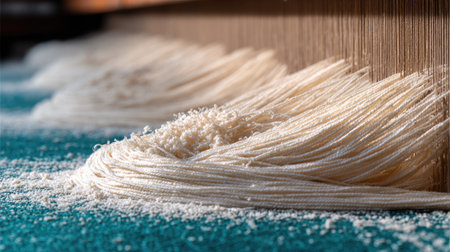 Close-up of white threads and fibers lying on a vibrant surface in an artisan workshop, showcasing the intricate texture and artistic details of textile production.の素材