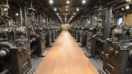 Explore a vast interior space filled with vintage industrial machines, showcasing intricate designs and powerful machinery in a historic factory setting.の素材