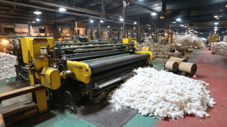 A detailed view of a cotton processing facility showcasing industrial machinery and raw cotton bales scattered across the warehouse floor.の素材