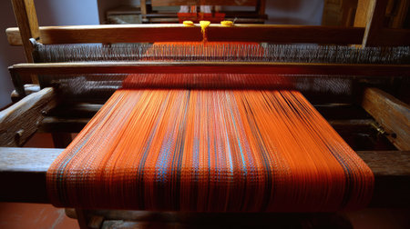 This image showcases a traditional loom in the midst of the weaving process, featuring striking orange threads that demonstrate artisan craftsmanship.の素材
